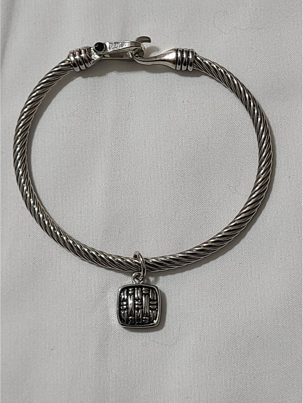 Cable Twist Silver Tone Bracelet Square Dangle Charm Lobster Clasp Designer Look